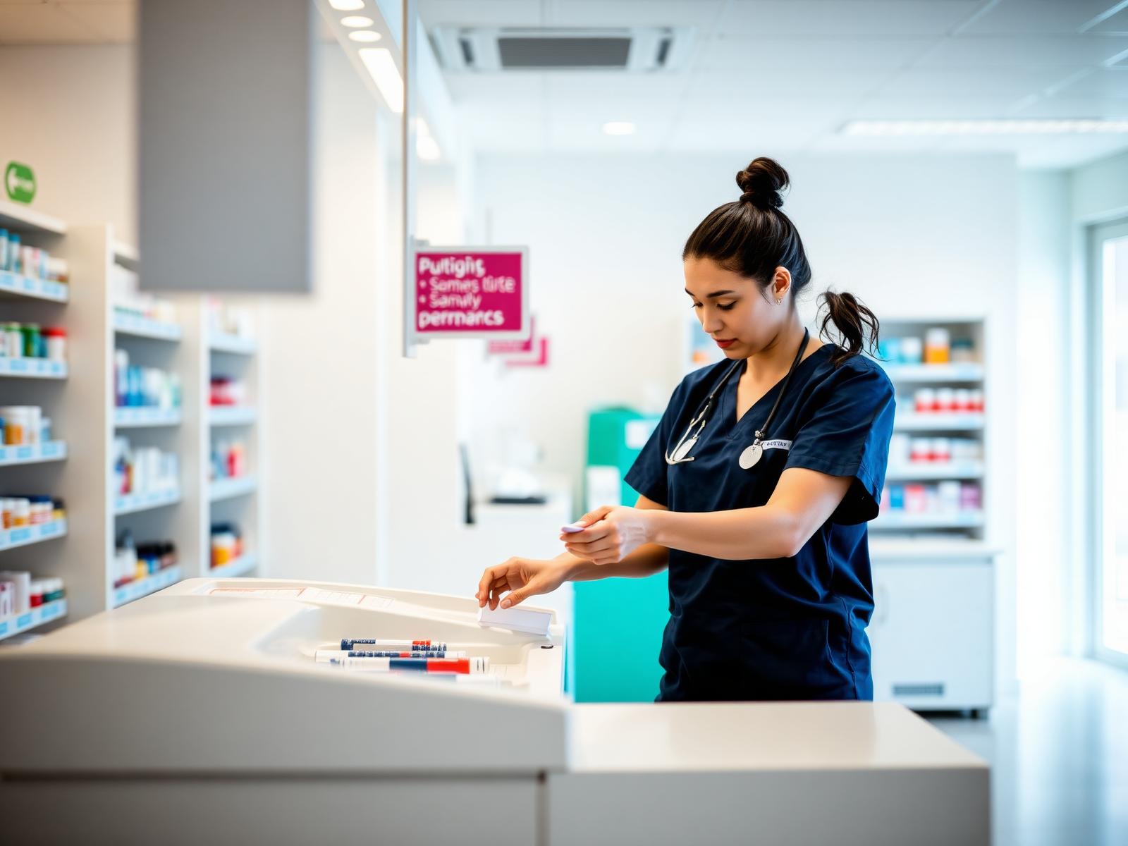 Accuracy checking technician checking dispensed medication in a UK pharmacy